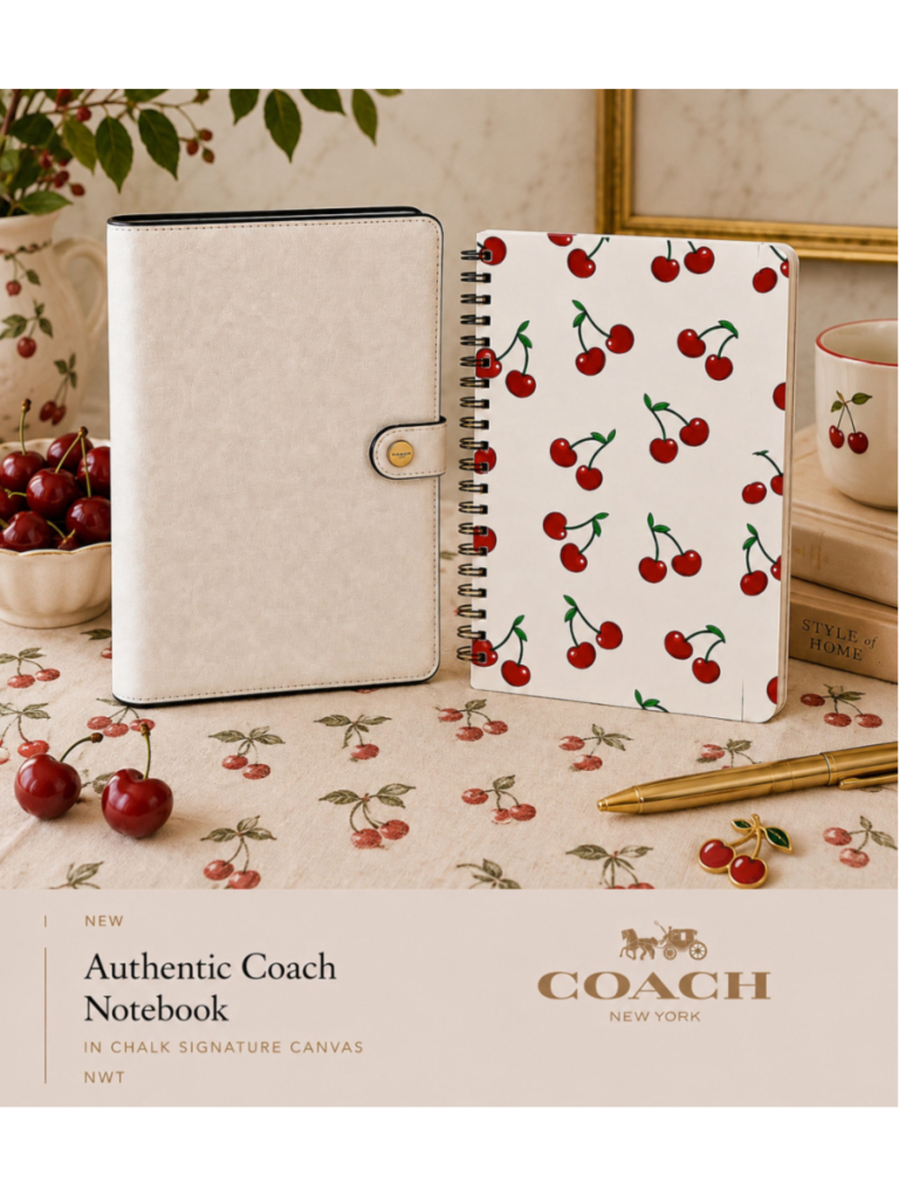 NEW Coach Notebook in White Signature Canvas CZ198 with Cherry themed notebook